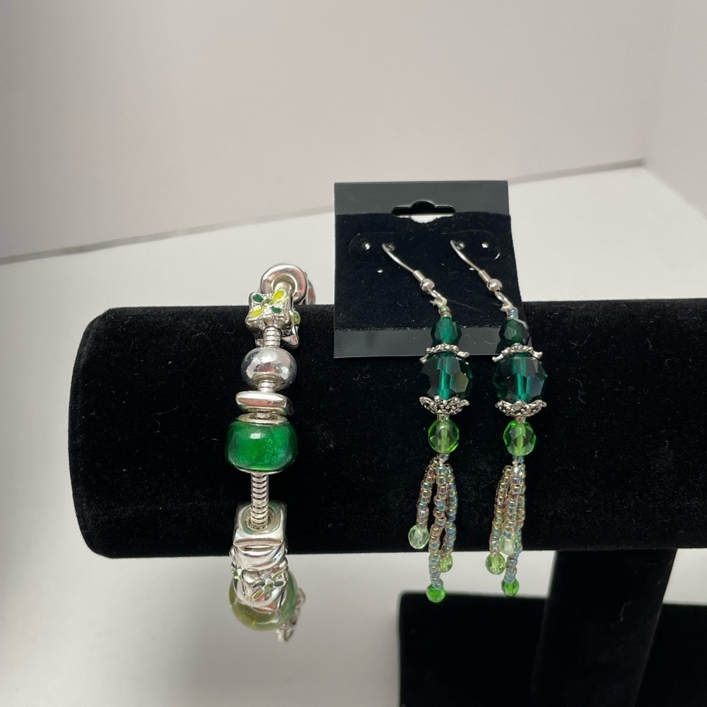 Pandora-style (not Pandora brand) silver tone charm bracelet and dangle earrings